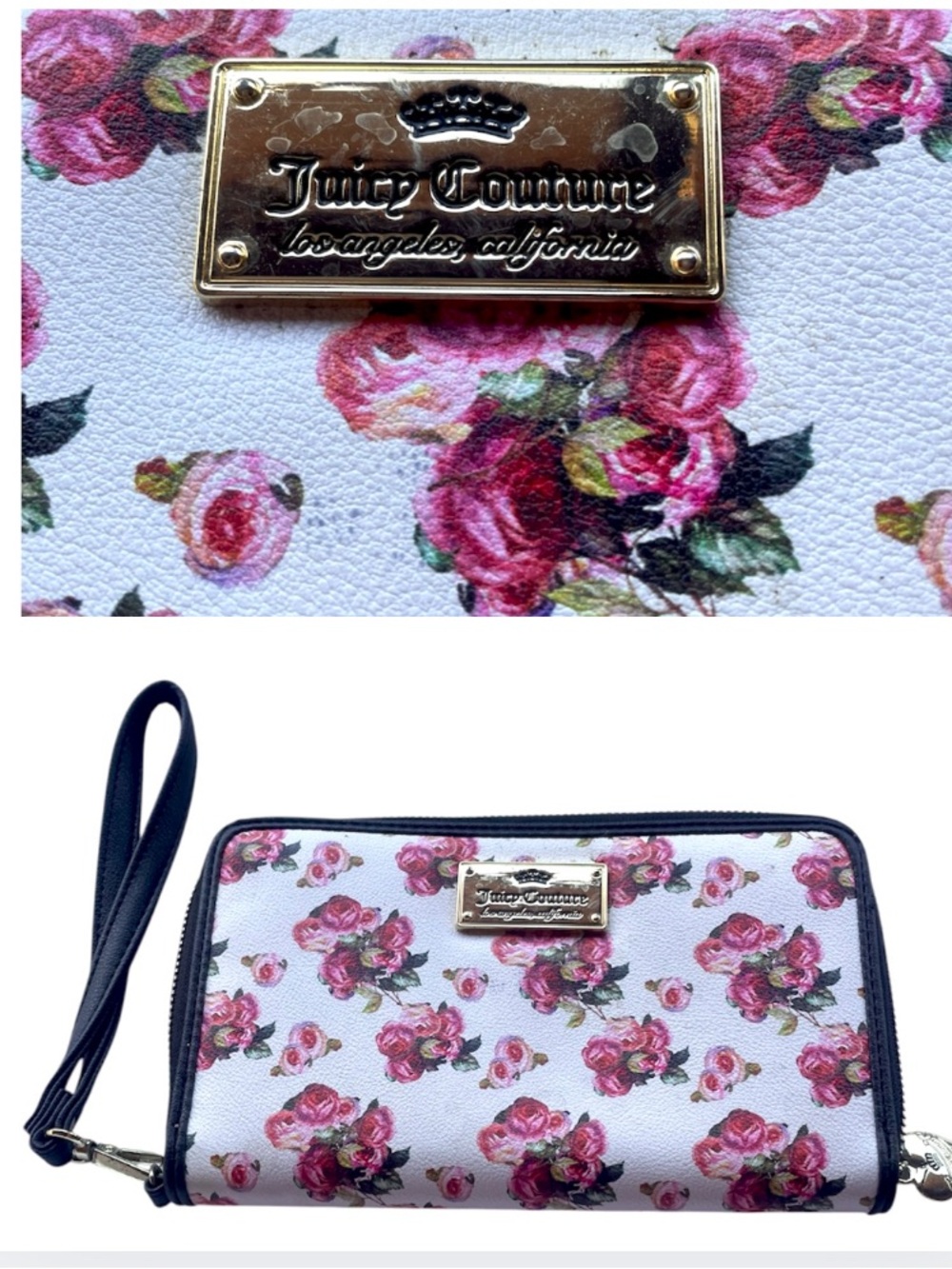 Juicy Couture Pink Rose Print Wristlet Wallet with Gold Logo